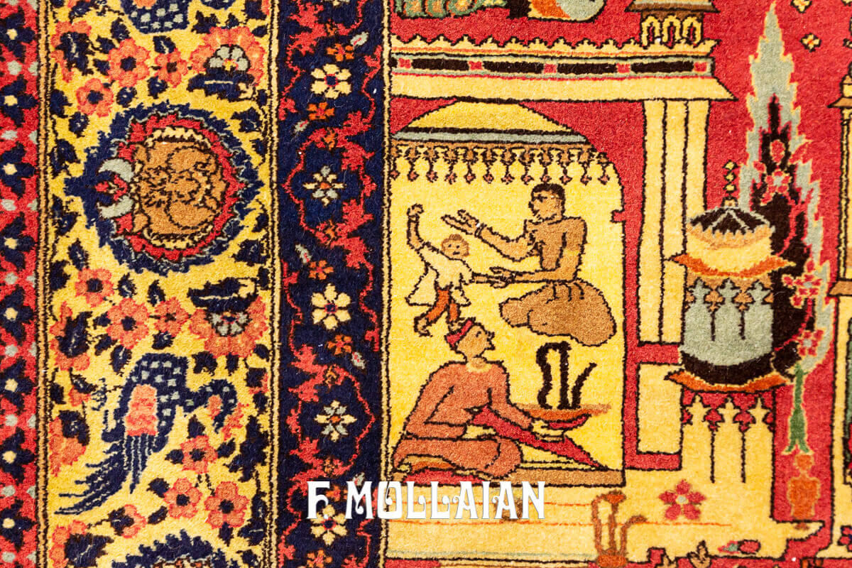 Tappeto Antico Figurativo Firmato “Habib-Daar” Lahore Indiano n°:68432814